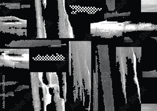 Glitch distorted geometric shape . Noise destroyed logo . Trendy defect error shapes . Glitched frame .Grunge textured . Distressed effect .Vector shapes with a halftone dots screen print texture.