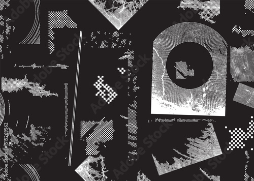 Glitch distorted geometric shape . Noise destroyed logo . Trendy defect error shapes . Glitched frame .Grunge textured . Distressed effect .Vector shapes with a halftone dots screen print texture.
