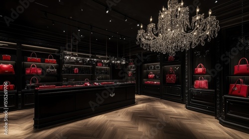 Luxurious retail interior featuring dark cabinetry and red accessories.