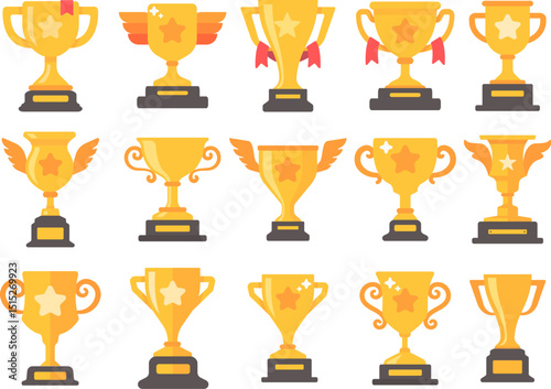 Collection of Golden Trophies and Awards for Achievements and Victories
