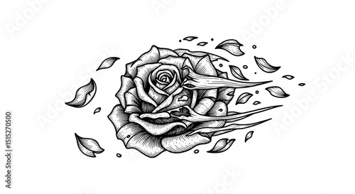 Elegant Rose with Scattered Petals: a monochrome botanical illustration showcases the graceful bloom and delicate petals of a rose, evoking feelings of beauty, fleeting time, and ephemeral nature.