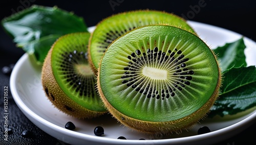 Bright green kiwi slices with contrasty black seeds displayed artistically on a plain white dish for fresh fruit styling.

