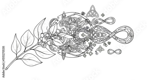 Eternal Bloom: A pen-and-ink botanical artwork merging intricate organic forms with infinity symbols, encapsulating the everlasting beauty of growth and connection.