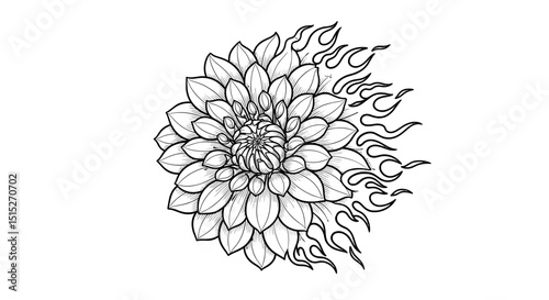 Fiery Floral Delight: A captivating graphic rendering of a dahlia flower adorned with stylized flames, blending natural beauty with dynamic energy.