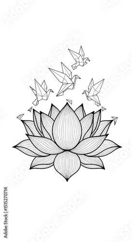 Lotus and Origami Birds:  A serene image featuring a detailed lotus flower with origami birds taking flight, symbolizing peace, hope, and transformation.