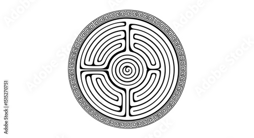 Circular Labyrinth's Enigmatic Design: An intricate, grayscale illustration of a circular labyrinth, rendered in stark black lines and a minimalistic aesthetic.