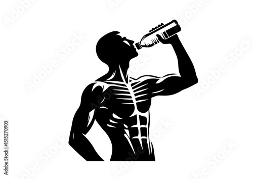 Muscular man drinking water in black and white silhouette style