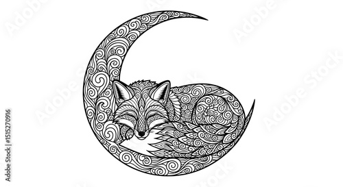 Celestial Slumber: A fox serenely rests within a crescent moon, its form intricately detailed, capturing a sense of tranquility and the mysteries of night.