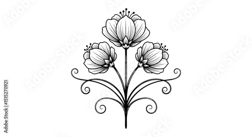 Floral Elegance in Monochrome: A delicate botanical illustration, featuring three stylized flowers, blooms with elegant lines and intricate detailing in a timeless monochrome palette.