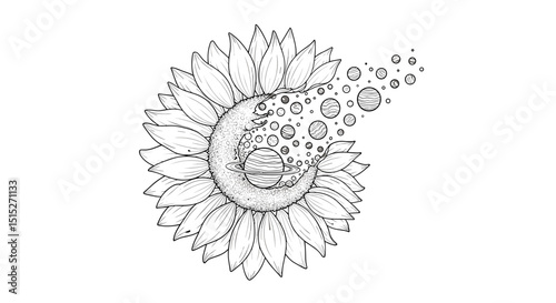 Artistic Sun and Moon: A celestial dance unfolds as a sunflower embraces a crescent moon. The design presents a surreal composition, where artistic meets cosmic.