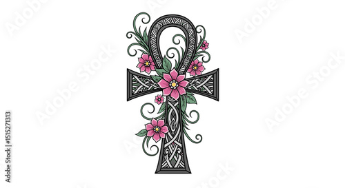 Ankh Symbol with Floral Embellishment: An intricately detailed ankh symbol, adorned with delicate flowers and interwoven with ornate patterns, representing the symbology of life and eternity. 