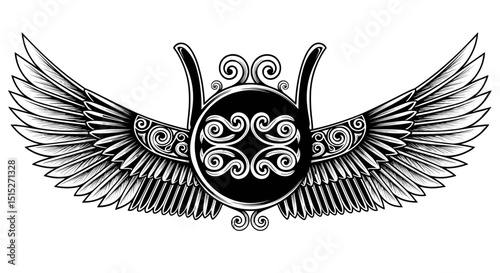 Symbol of Sacred Wings: Depicting a majestic emblem of intricate design, featuring stylized wings and a central, circular element, with a sophisticated, black-and-white aesthetic.