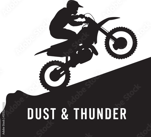 Silhouette Illustration of a Motocross Rider Jumping, Extreme Sport, Action, Black and White, Dust and Thunder