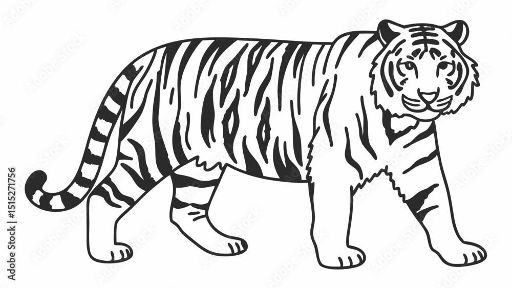 Naklejka premium Black and white walking tiger illustration