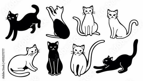 Cute black and white cat silhouettes on transparent background