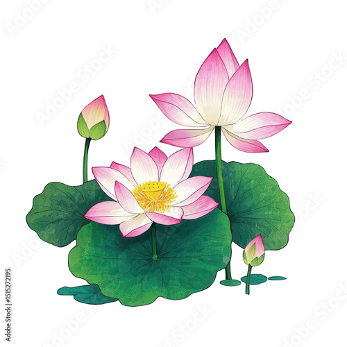 Fototapeta Naklejka Na Ścianę i Meble -  Pink lotus flowers with green leaves and buds
