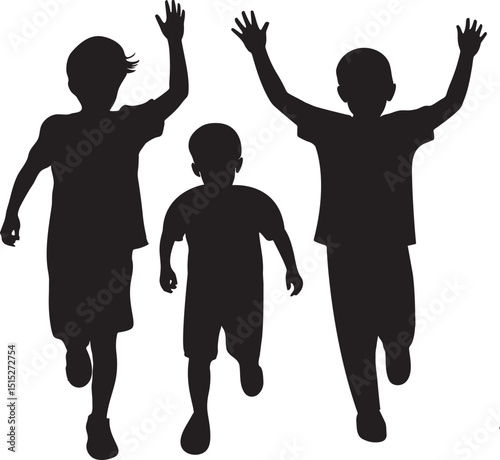 Silhouette Illustration of Children Running with Arms Raised Against a Background in a Joyful Scene