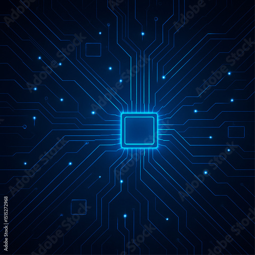 Futuristic Circuit Board Background with Glowing Blue Neon Microchip, Digital Data Connections, High-Tech Abstract Technology Design for AI, Innovation, and Network Infrastructure Themes