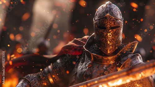 A heroic knight stands ready for battle, surrounded by sparks and fire, showcasing bravery and warriors' spirit.