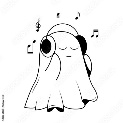 Abstract Doodle Black Line Happy Halloween Greeting Ghost Spirit Tongue Out Background. Vector Design Banner Party Invitation Template