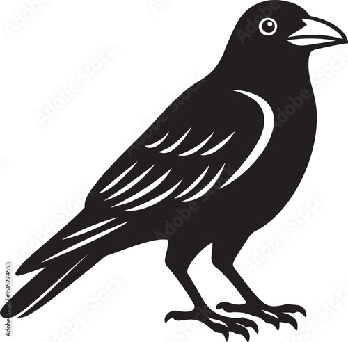 Raven silhouette detailed black illustration, Mysterious bird black silhouette artwork