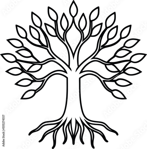 A stylized, symmetrical line drawing of a tree with elaborate branches and leaves.