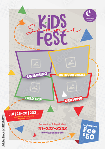 kids summer festival flyer, playful summer camp school poster for outdoor activities, fun creative holidays poster for educational institutes