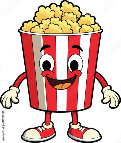 Funny cartoon popcorn in a bucket with happy food and drink items