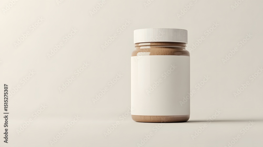 Blank label on a light brown jar against a plain background. Blank label on a light brown jar against a plain background.