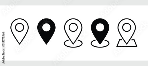 Location or map pin icon set illustration. Pinpoint icon. Positioning, navigator, target, place, travel symbol. Vector address sign. Silhouette design. Can be used in Flyer, Business card, brochure.