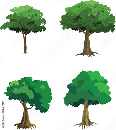 Cartoon Tree Vector Set with Four Leafy Green Trees for Animation Background, Forest Game Scene, Educational Nature Illustration, Village Landscape or Explainer Video Assets

