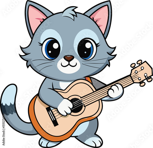 Cute cartoon cat playing guitar and smiling happily