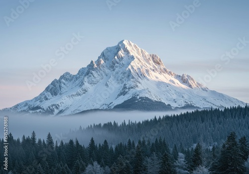 Snowcapped mountain peak towers over a fogshrouded forest under a clear sky photo