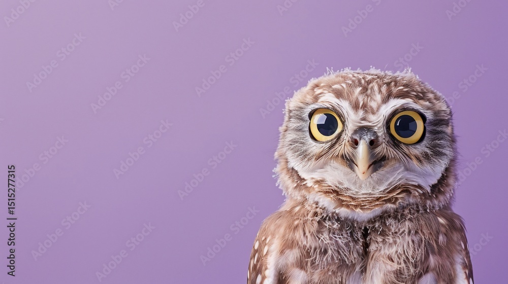 Naklejka premium Close-up of a curious owl, soft focus, against a vibrant purple backdrop