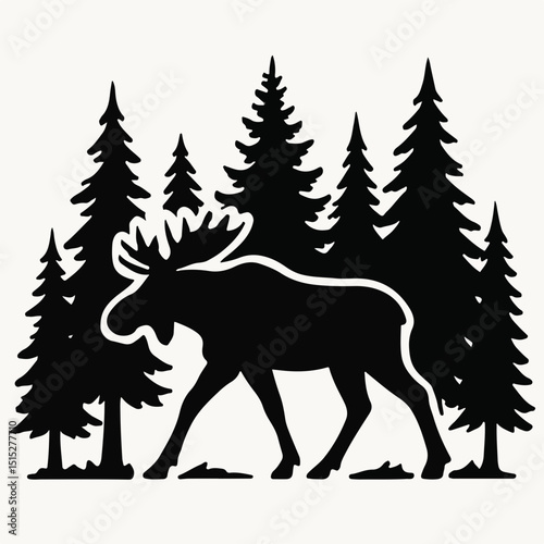 A captivating vector illustration featuring the black silhouettes of a horse and a wild deer, embodying the grace of farm and nature's mammals