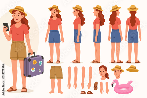 Fashion illustration of smiling cartoon women and girls with shopping bags walking and having fun