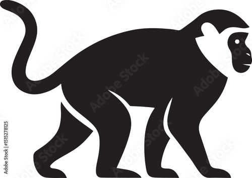 Monkey silhouette simple animal design, Primate figure in black and white profile