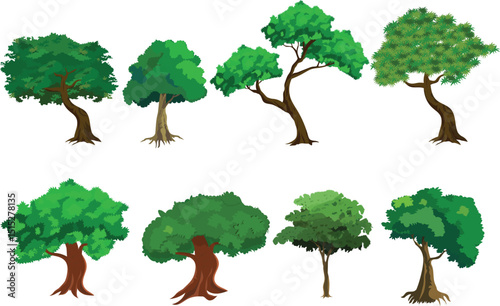Cartoon Green Tree Vector Set with 8 Leafy Tree Designs for Animation Backgrounds, Jungle or Village Game Assets, Nature Explainer Videos, Forest Landscaping, and Educational Illustration Projects

