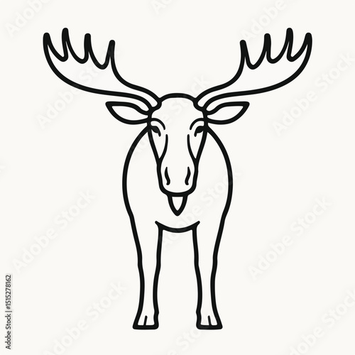 Majestic Moose: A striking line drawing presents a moose in a frontal perspective, emphasizing its iconic antlers and strong presence. This minimalistic artwork captures the essence of the wild.