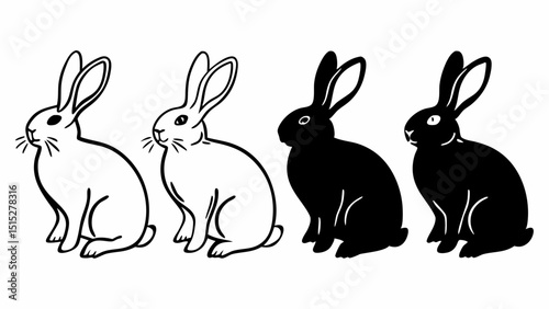 Black and white outline and silhouettes of rabbits