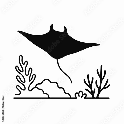 Graceful Ray Silhouette: A sleek silhouette of a majestic ray gracefully gliding through the ocean depths, accompanied by stylized coral and seaweed.