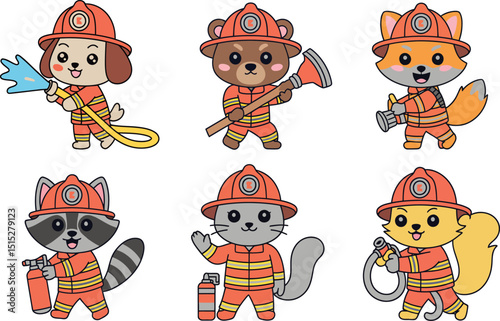 Cartoon Animals as Firefighters on  Background Vector Illustration Set for Children's Books and Educational Materials