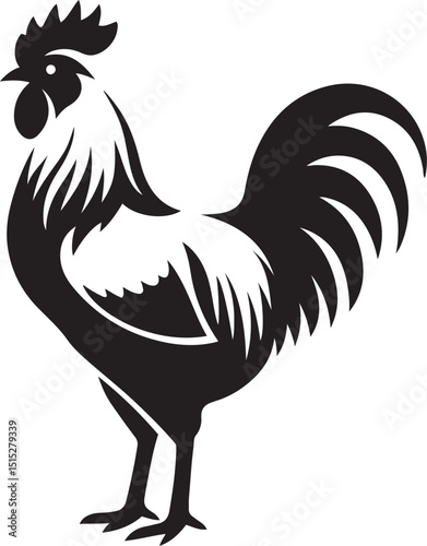 Rooster silhouette black and white style, Farm bird illustration proud rooster pose