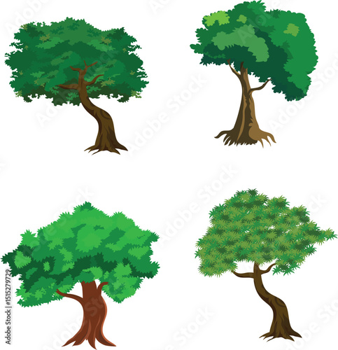 Cartoon Tree Vector Set with 4 Green Leafy Trees for Animation Background, Forest Nature Game Asset, Educational Explainer Videos, Storybook Landscapes, Village Scenes, and 2D Flat Design Projects

