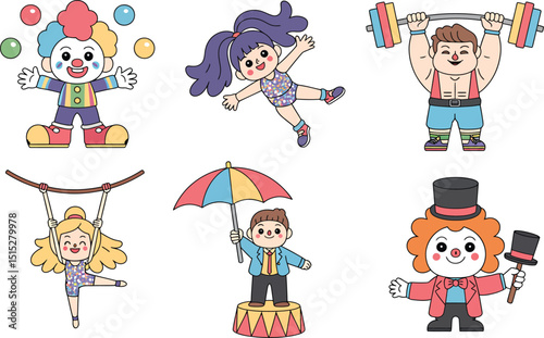 Cartoon Circus Performers on  Background Vector Illustration for Entertainment, Themed Events, and Children's Activities
