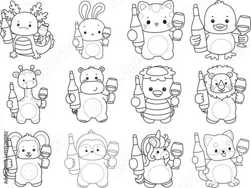 Printable of Cute wild animal vector icon. Outline of Fluffy pet stickers.
