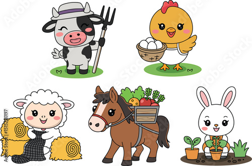 Cartoon Farm Animals with Tools on  Background Vector Illustration for Children's Educational Resources