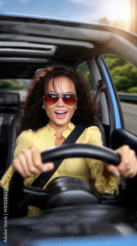 Naklejka premium Funny woman: anxious driver, comical reaction, joyful mood, frightened expression, car journey, nervous energy, humorous situation, playful attitude, emotional drive, lighthearted scene