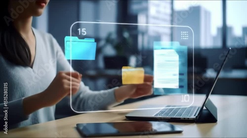 Woman reviews document using futuristic technology laptop in office modern workplace