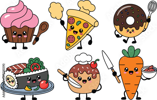 Cartoon Food Characters with Chef Hats on Background Vector Illustration for Culinary and Educational Resources